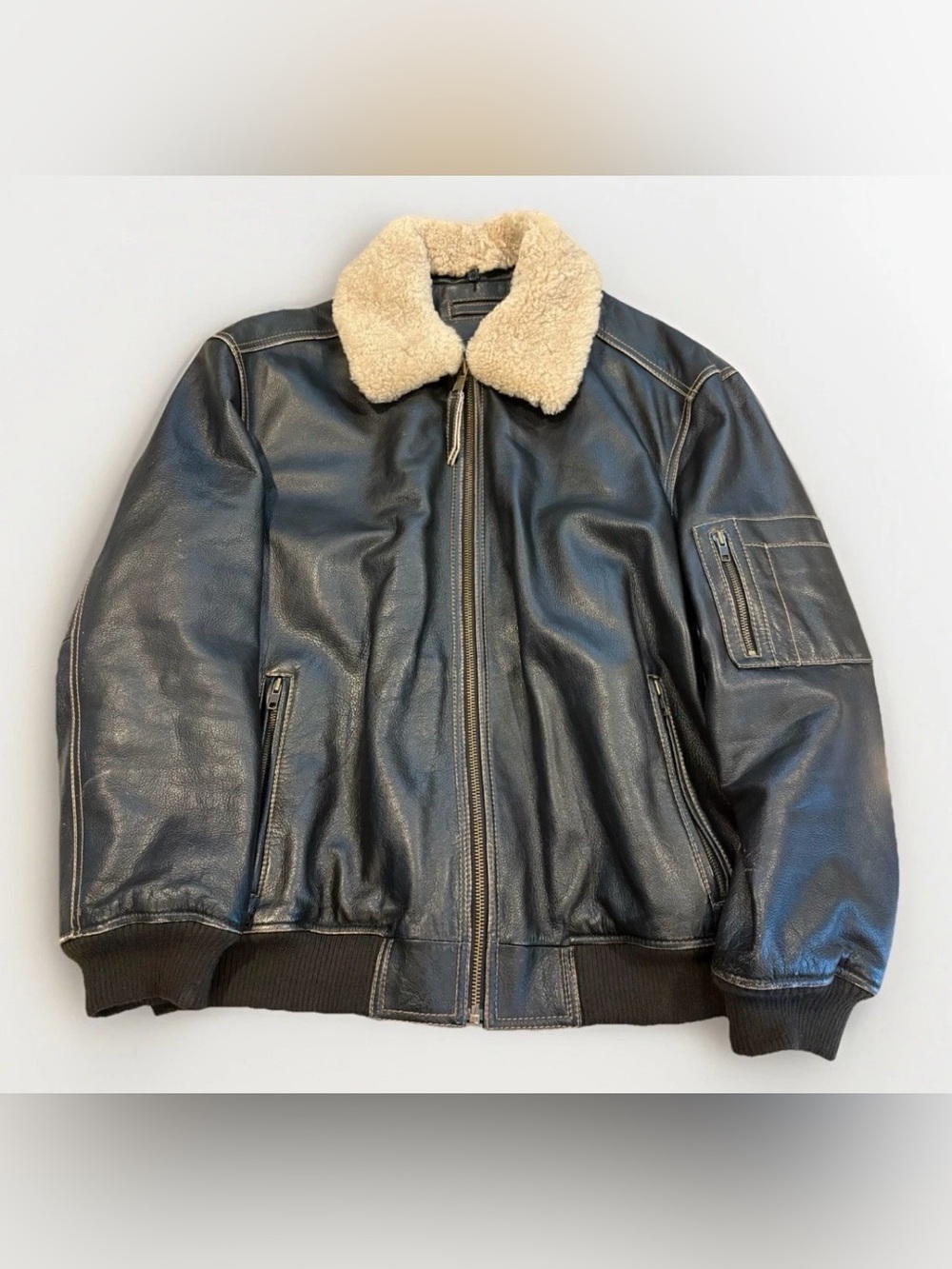 Vintage Leather Bomber Jacket Aviator Shearling Lamb Size XL 90s Y2K Black